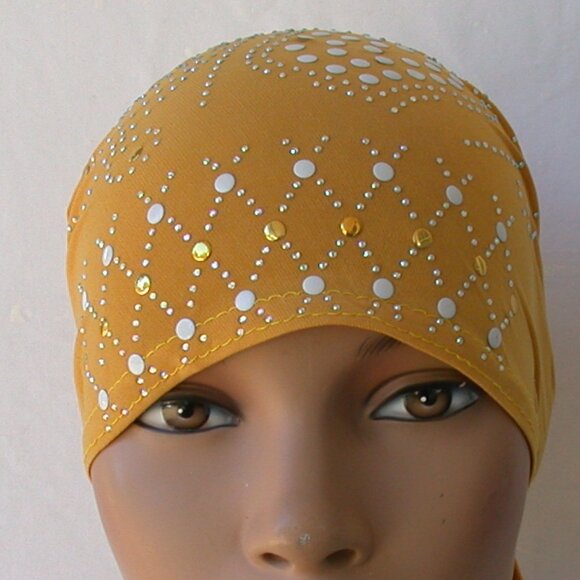YELLOW  Pre-Tied Stud Fashion Cap Slip On Bonnet Hijab Undercap #1 - Picture 2 of 3